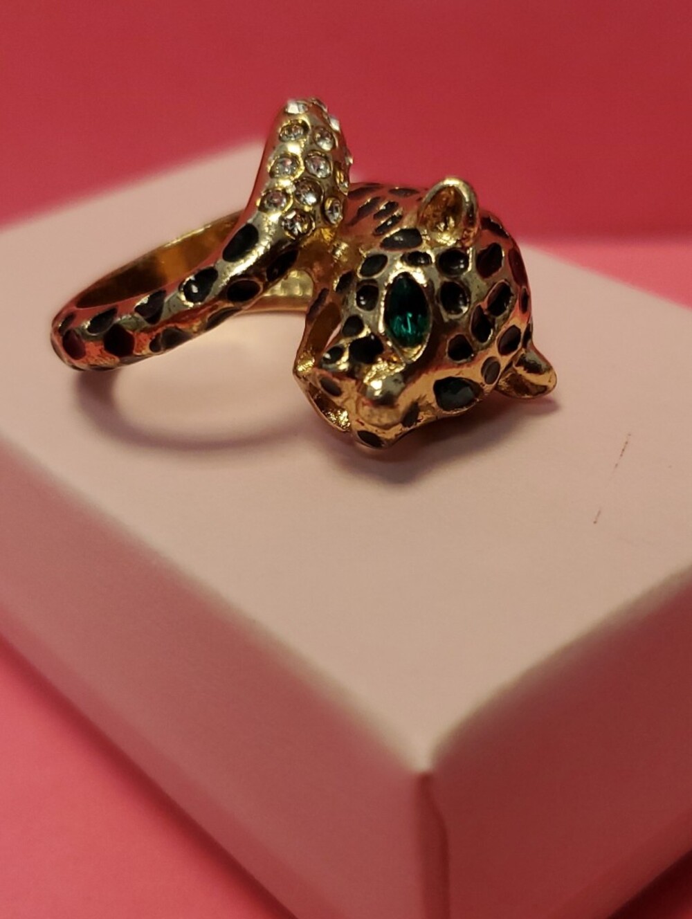 Gold-Tone Leopard Ring with Green Stone Eyes